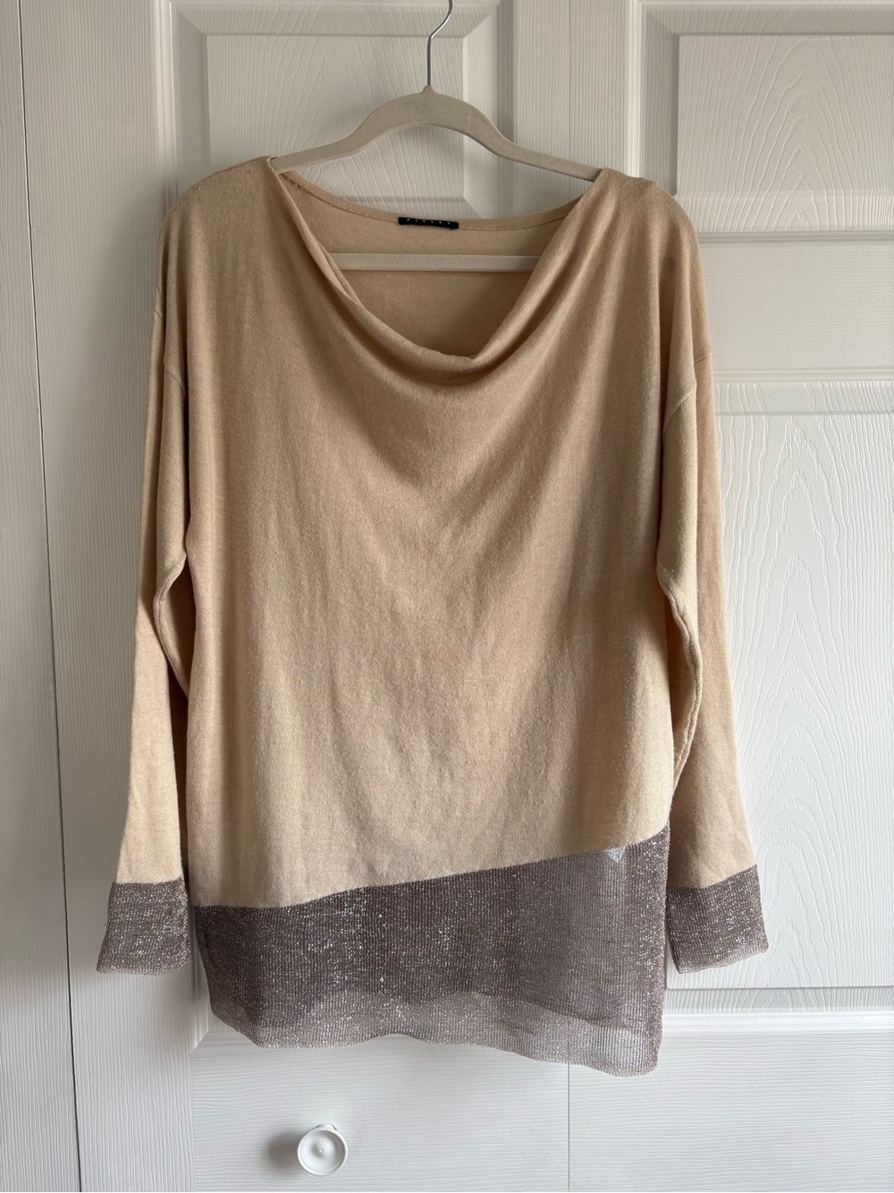 Sisley Cashmere Blend Beige Tan Boat Neck Silver Lurex Trim Sweater L Academia